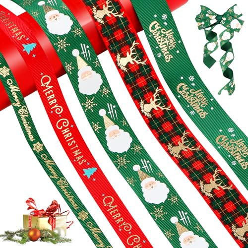 5 Stk Geschenkband Weihnachten, Schleifenband Weihnachten, Weihnachten Deko Schleifenband, Schneeflocke Satinband Deko Schleifenband Bedruckte Weihnachtsmotiv Stoffband zum Dekorieren Geschenk Bände
