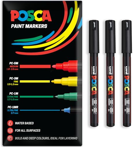 POSCA Permanent-Marker auf Wasserbasis, für verschiedene Oberflächen, PC-1MR, Packung mit 3 Stiften in Brieftasche (Schwarz)