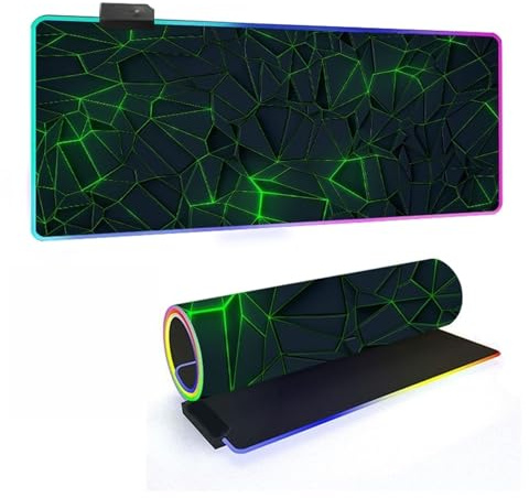 Mateju RGB Mousepad, Festkörpergeometrie rutschfeste Gummibasis Mauspad, Mousepad XXL/XL/L 14 Beleuchtungs Modi 7 LED Farben, Gaming Mauspad mit Vernähte Kanten (Grün,800x300x4mm)