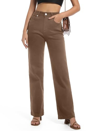 Guaile Women's Jeans High Waisted Straight Leg Stretchy Jeans Trendy Wide Leg Tummy Control Loose Casual Denim Pants, Brown, 12 Short