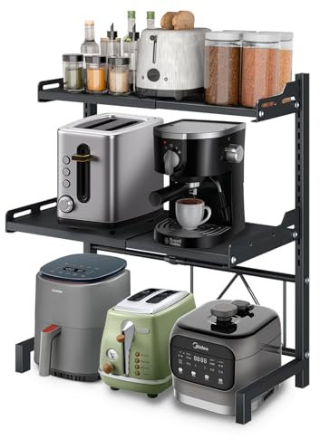Microwave Worktop Stand, 3-Tier Extendable (14.2 - 24.4 Inch) Adjustable Over Microwave Shelf with 8 Hooks, Kitchen Microwave Oven Rack with Suction Cup Base, Black Microwave Shelf Workstation