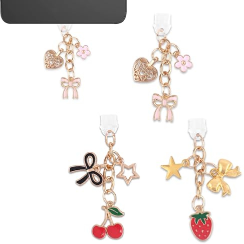 Sinbana 3pcs Breloques Anti-Poussière, 3 Styles Charm Coloré pour Prise Anti-Poussière de Type C avec Pendentif à Motif Nœud Fraise Joyeux Adaptées aux Accessoires Téléphone Liseuse Électronique