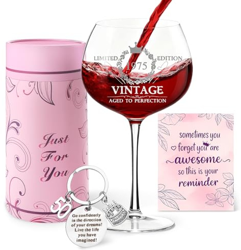 SneiDr Copas De Vino Personalizadas Copa De Vino Vintage De 1975 Elegante Regalos 50 Cumpleaños Mujer con Caja De Regalo Tarjeta Y Llavero Copas De Vino Grabadas Idea Regalo Madre Esposa Amiga 475ml