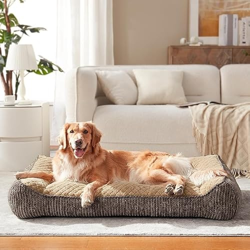 JOEJOY ortopedisk hundsäng, stora hundar, ergonomisk hundsäng, tvättbar, avtagbar, hundsoffa, halkfri med upphöjda kanter, hundkorg, mjuk snöflingor-fleece, 107 x 76 x 24 cm