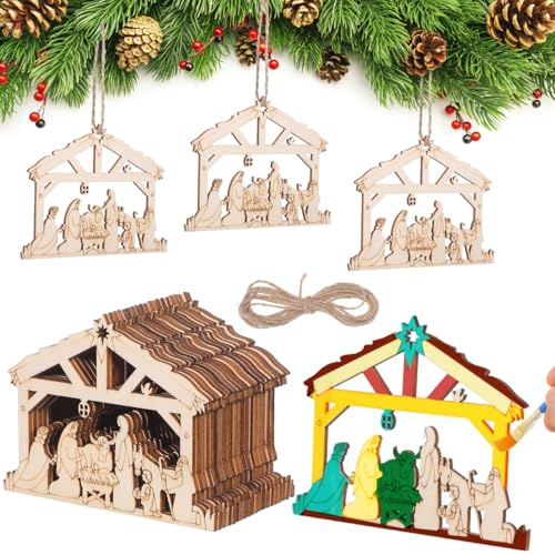 WRITWAA 20-Teiliges Weihnachtskrippenschmuck Set Aus Holz 3D Christliche Holzornamente in Hausform Hängende Weihnachtsbaum-Dekoration Für Tür Fenster Gepäck Und Die Geburt Jesu