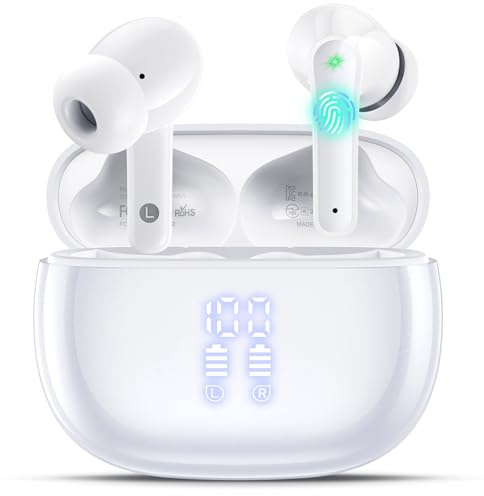 Wireless Earbuds, Bluetooth 5.4 Ear Buds with HiFi Stereo Deep Bass | Bluetooth Headphones, 4 ENC Noise Cancelling Mic, 48H Playtime LED Display, IPX7 Waterproof for Running, Gym & Gaming, White