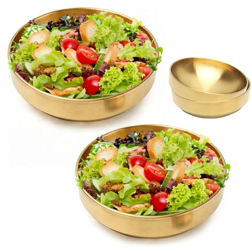 Bcuuozeeing Cuenco doble dorado de acero inoxidable, juego de 2 unidades, ensaladera grande Bibimbap, cuenco para sopa de fideos, aislado y antiescaldaduras