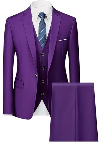 Uomo 3 pezzi Set Vestito Colore Solido Abito Business Giacca con Pantaloni Set Abito da Sfera Festa di Nozze per gli Uomini, Viola 3, XL