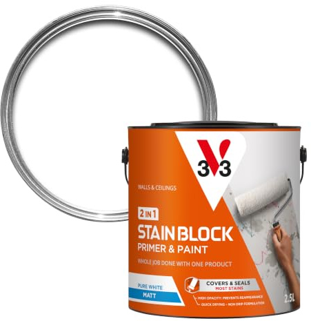 V33 Stain Block 2 in 1 Paint for Walls & Ceilings, Pure White Matt, 2.5L | Built-in primer, Covers & seals stubborn stains, Highly opaque & non-drip formula, Quick-drying