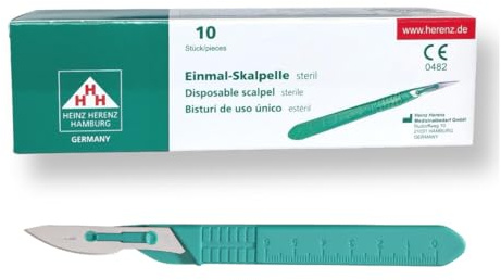 Einmal-Skalpell Nr. 24 – 10 Stück in einer Packung - Steril, rostfreie Stahlklinge, Kunststoffgriff, einzeln verpackt – Medizinischer Einweg-Operationsbesteck | Heinz Herenz Medizinalbedarf