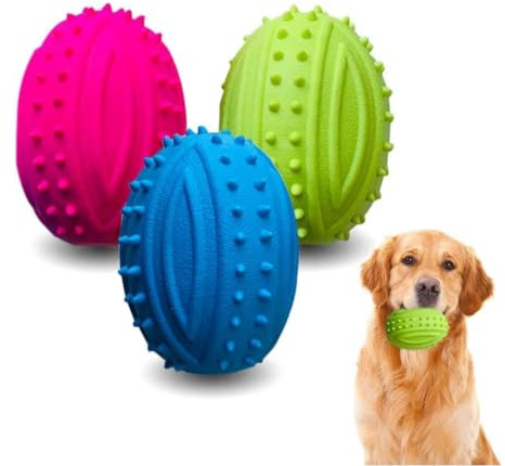 Dog Toys, Textured Rubber Oval Balls, Dental Cleaning, Gum Massage, Bite Resistant, Non-Toxic Natural Rubber, 3 Pack, Pink Blue Green