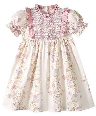 Miipat Små flickor bomull smockad blommig klänning, elegant vintage ledig puffärm prinsessa sommar barnklänningar, Rosa blommig, 2-3 ans