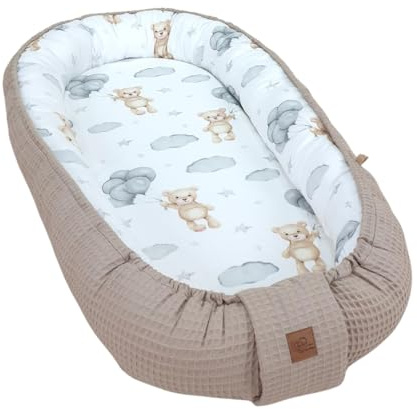 WIKLINOPOL Babynest Nestchen für Neugeborene aus Baumwolle und Waffelbaumwolle – Baby Nestchen 80x46 cm, Tragbares Nest mit Herausnehmbarer Matratze,(Beige)