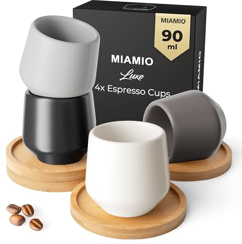MIAMIO - Espresso Tassen 4er Set mit Bambus Untersetzer (90 ml), Keramik Espressobecher ohne Henkel, dickwandige Mokkatassen, moderne Espresso Cups, Luxe Kollektion (Classic Pastel)