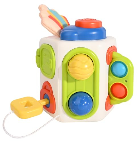 Bebamour Baby Sensory Activity Cube Toy, Silicone Teething & Grasping Busy Cube for Babies 18 Months+, Montessori Pull String Fine Motor Travel Toy, Early Learning Development Gift for Boys Girls