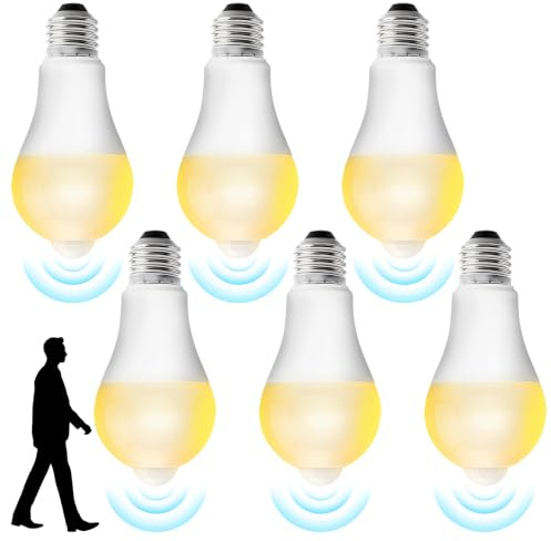 Halorin 6er E27 LED Glühbirne mit PIR-Bewegungsmelder Set, 12W 2700K, 120° Abstrahlwinkel, 80Ra, Lichtsensor, Nicht dimmbar, 2000 Lumen für Eingangstür/Korridor/Aussen/Garten/Terrasse(Warmweiß)