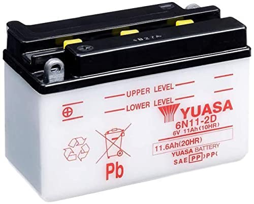 YUASA BATTERIE 6N11-2D offen ohne Saeure | Vergleichstypen 6N12A-2D, 01225; Säure 0,45 l; Entgasung hinten; Anschluss von vorne; Plus vorn links, Minus hinten rechts