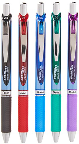Pentel EnerGel RTX Retractable Liquid Gel Pen, (0.5mm), Fine Line, Metal Tip, Assorted Ink Colors, Pack of 5 (BLN75BP5M)