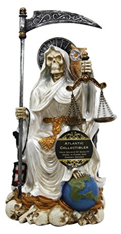 9 Tall Holy Death Santa Muerte Of Holy Purification With Scythe And Scales Sitting On Throne Day of The Dead Decorative Figurine (White)
