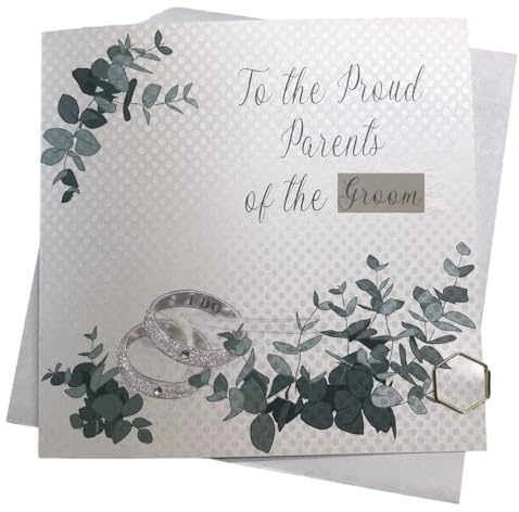 White Cotton Cards PD4-G Hochzeitskarte mit Aufschrift To the Proud Parents of the Groom, glitzernde Ringe, Hochzeitskarte
