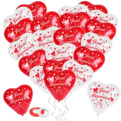 HOWAF Just Married Luftballons, 50 Stück Herzluftballons Rot Weiß, Luftballons Hochzeit Herz Helium Ballons, Latex Herzballons Helium Luftballon für Heiratsantrag Verlobung Hochzeit Deko