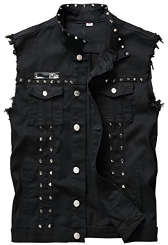 DSDZ Men's Punk Denim Vest Sleeveless Jean Jackets With Rivets (X-Large, Black)