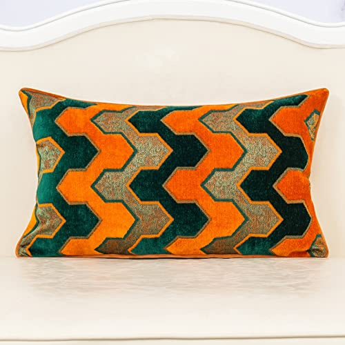 Alerfa Housse de coussin rectangulaire en velours à rayures géométriques brodées - Housse de coussin décorative pour canapé, salon, chambre à coucher, voiture, 30,5 x 50,8 cm - Bleu sarcelle orange