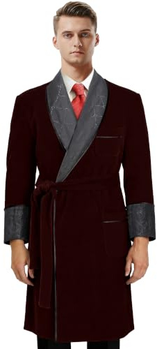 Apornipal Men's Long Velvet Smoking Jacket Smoking Robe with Belt Shawl Lapel Quilted Dressing Gown, Wine Red, 46