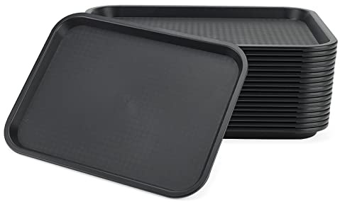 JAPCHET Lot de 18 plateaux alimentaires rectangulaires en plastique noir, 35 x 27 cm, modernes, robustes et antidérapants, parfaits pour les hôtels, restaurants et cuisines