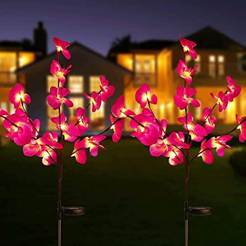 SUAVER 2 Stück Solarlampen Garten Deko, 20LED Orchidee Außen dekoration Blumen Solarlicht Gartenleuchte Wasserdicht Solarleuchten Wegeleuchten für Garten,Hof,Balkon,Auffahrt (Rosa)