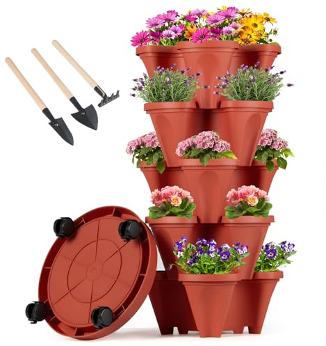 GameXcel Vertical Planter Tower - 5 Tier Stackable Garden Planters with Wheels and Tools Plant Pots for Strawberry Herb Flower and Vegetable Indoor Outdoor Use Red