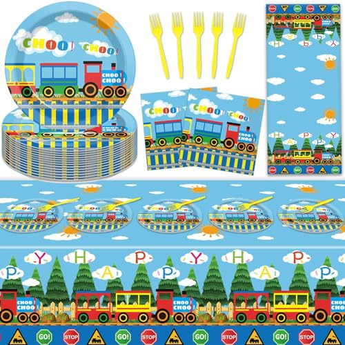 61 Pcs Train Birthday Decorations Chugga Choo Party Tableware Set Cartoon Car Plates Napkins and Tablecloth Transportation Themed Supplies for Birthday Parties Family Gathering Dinner Serve 20 Guests