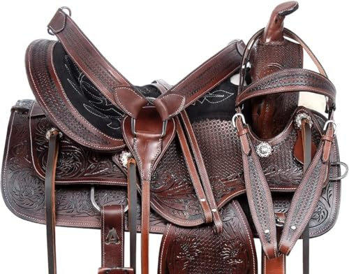 Leather Western Barrel Racing Horse Saddle Tack Size -10'' to 18 inches with Matching Leather Headstall, Breast Collar, ReinsME-WLS-117 (10 Seat)