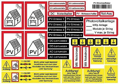 BRESKO PV-Anlage Aufkleber Hinweisaufkleber 40 Stk. auf einem DIN A4 Bogen Solaranlage Sicherheitsetiketten Hinweis Solar Photovoltaik Schild