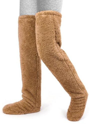 beifon Calcetines hasta la rodilla de felpa para mujer, medias hasta la rodilla de forro polar de peluche, calcetines hasta la rodilla largos y cálidos y esponjosos(marrón)