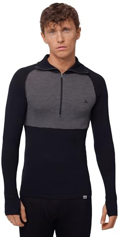 DANISH ENDURANCE Camiseta Térmica Manga Larga para Hombre, Capa Base Lana Merino, con o Sin Cremallera, Negro/Gris Oscuro, M