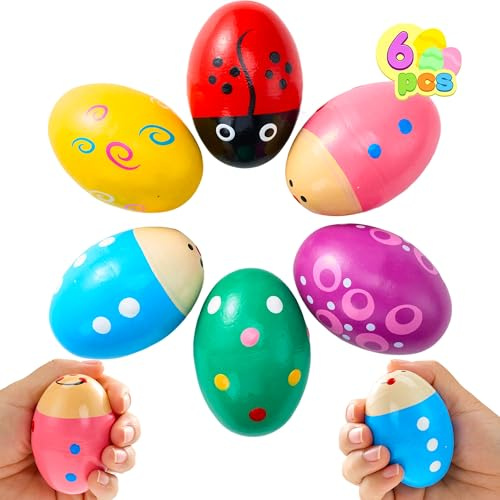 JOYIN 6 Packs Easter Egg Shakers Wooden Maracas Percussion Musical for Easter Basket Filler Classroom Prize Supplies Musical Instrument Basket Filler for Kids Easter Hunt