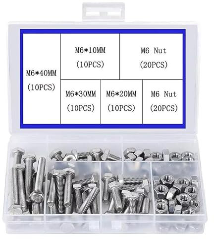 80 Stück/Set Außen-Sechskantschrauben und Muttern Sortiment Kit M6 x 10/20/30/40 mm, 304 Edelstahl-Sechskantschrauben mit Mutter-Set