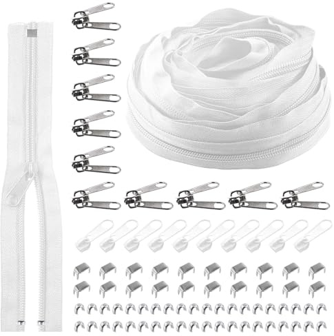 Rustark 1 Rolle 9,14 m / 10 Yard #5 Weiß Reißverschluss Set Nylon Zippers Reissverschluss Teilbar mit Reißverschluss Schieber, Endkappen und Deckstopps Nylon Zipper für Nähen DIY Basteln Tasche