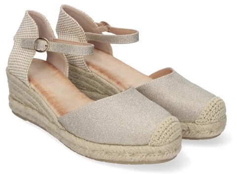 shoes&blues.es 85194 Sandalia de Cuna para Mujer, Forrado de Yute, Pala Cerrada, y Cierre de Hebilla, Primavera Verano Oro Talla 38