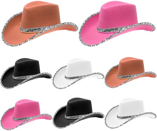 8 Pack Sequin Cowboy Hats Multipack, Sparkly Cowgirl Hat for Adult Women | Western Fancy Dress Party Cowboy Hats Bulk, with Adjustable Drawstring, for Hen Party Stag Do Disco Festival, 4 Colours