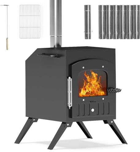 HOPUBUY Estufa de leña portátil, estufa de tienda de campaña al aire libre con tubos de chimenea de 7 secciones, estufa de camping más grande para tienda de campaña, pesca en hielo, cocina,