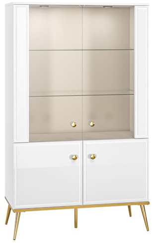 Lomadox Highboard Vitrine Wohnzimmerschrank weiß Hochglanz mit goldfarbenen Griffen und Füßen inkl. LED Beleuchtung, B/H/T: ca. 92/152/40 cm