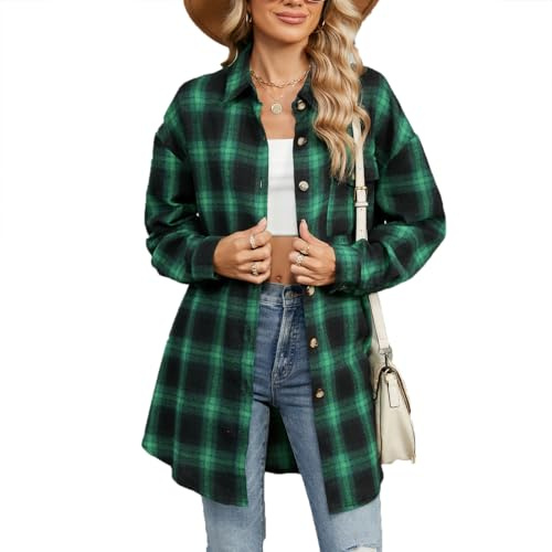 Daysskk Oversized Button Down Shirt Women Green Plaid Shirts for Women Long Flannel Shirts for Women UK Long Checked Shirts for Women Casual XXL