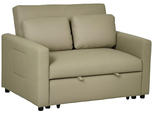 HOMCOM 2 Seater Sofa Bed, 120 cm Convertible Bed Settee, Modern Fabric Loveseat Sofa Couch with 2 Pillows, Side Pockets for Living Room, Guest Room, Light Brown