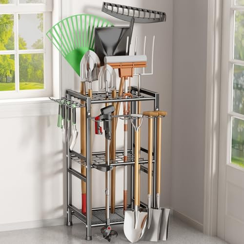 CICUFY Garden Tool Organizer Storage Metal Yard Tool Organizer Heavy Duty Garden Tool Rack Stand with Extra Hooks, Up To 35 Long Handled Shovels/Rakes/Brooms Holder for Garage,Shed,Outdoor(Black)