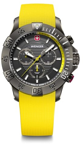 WENGER Orologio Uomo Seaforce Chronograph Ø 43 mm, Swiss Made, Quarzo Analogico, Impermeabile fino a 200 m, Cinturino in Silicone, Nero/Giallo