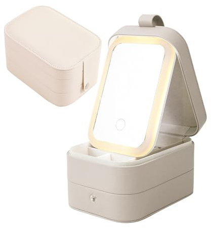 Sminkväska med upplyst spegel, tre lager med stor kapacitet makeup-väska med 3 färger LED-ljus, resa bärbar sminkväska för kvinnor arrangör, Vit, Modern och populär
