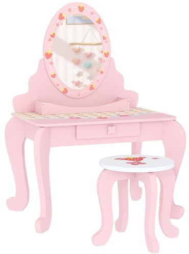 AIYAPLAY Coiffeuse pour Enfants, Coiffeuse Deux pièces pour Enfants avec Tabouret, Miroir, tiroir, Rangement de Bureau, Bureau de Maquillage sur Le thème de la Fraise, Chaise, Rose