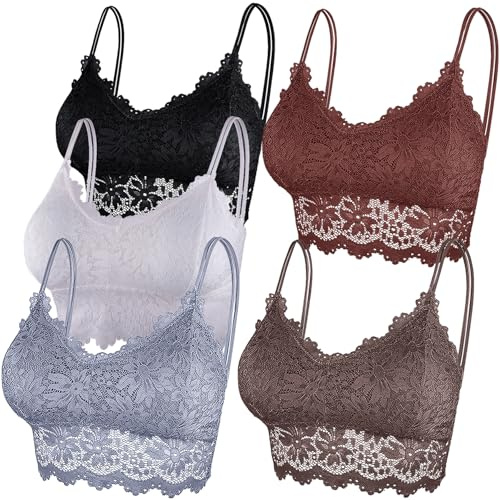 Duufin 5 Pieces Padded Lace Bralette Bandeau Tube Bra with Straps and Removable Pads for Women Girls, Chestnut, Brown, White, Grey, Black, L-XL